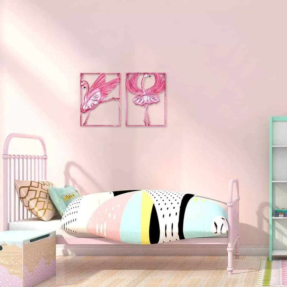 2 x Metal & Glass Flamingo Wall Decor Picture Art Ballet Ballerina Girls Bedroom