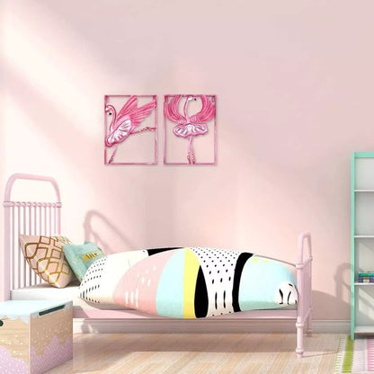 2 x Metal & Glass Flamingo Wall Decor Picture Art Ballet Ballerina Girls Bedroom