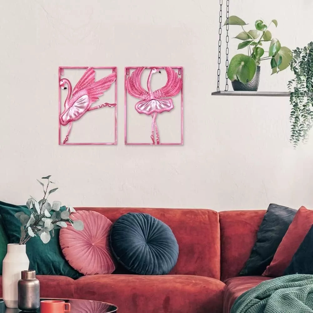 2 x Metal & Glass Flamingo Wall Decor Picture Art Ballet Ballerina Girls Bedroom