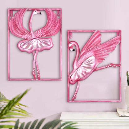 2 x Metal & Glass Flamingo Wall Decor Picture Art Ballet Ballerina Girls Bedroom
