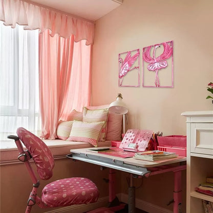 2 x Metal & Glass Flamingo Wall Decor Picture Art Ballet Ballerina Girls Bedroom